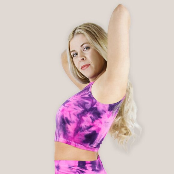 Colmar Tie Dye Crop Top | Pink + Black Hand-Dyed Cotton Yoga Crop Top - Picture 3 of 3